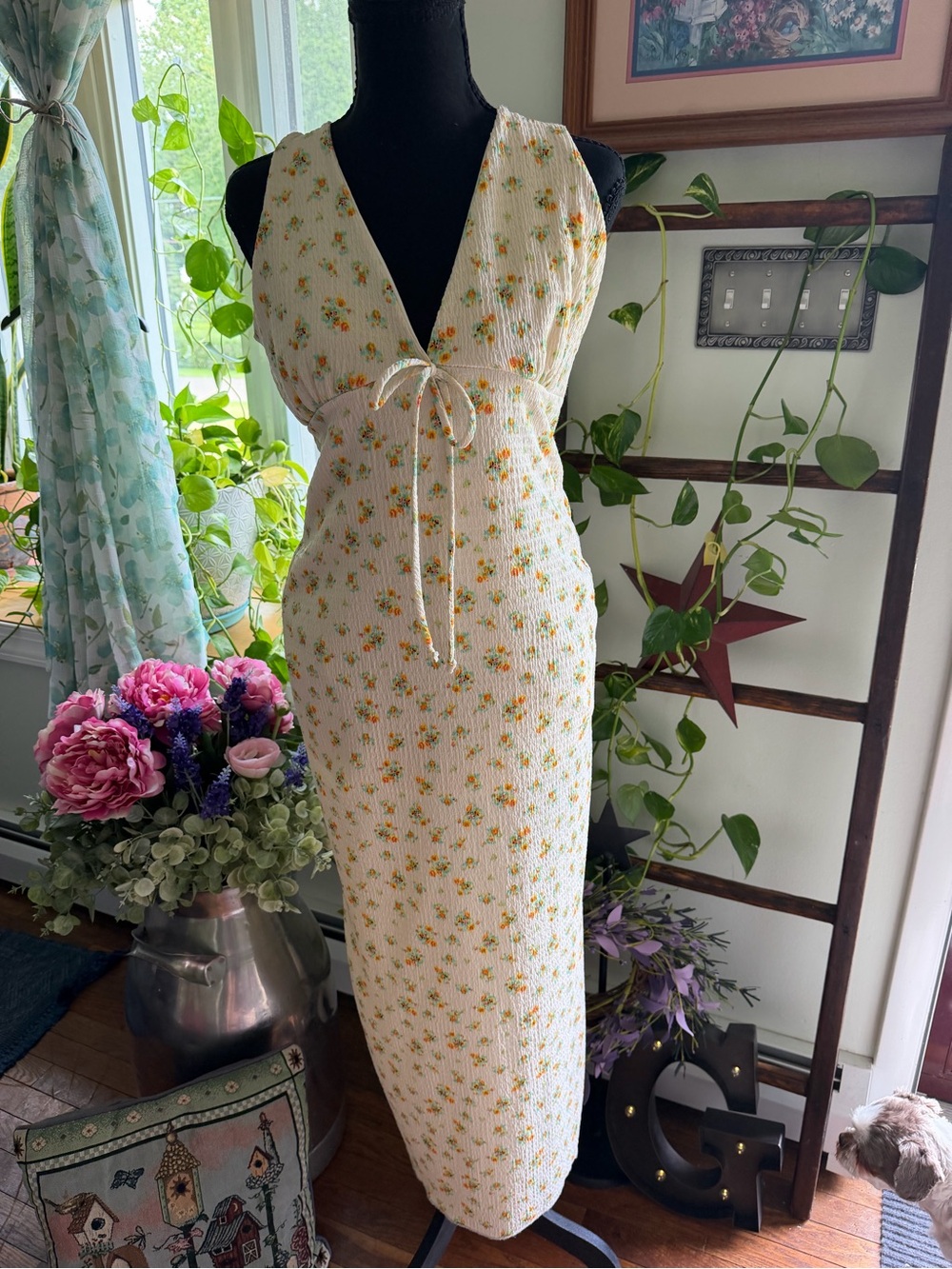 See You Monday Cream Ditsy Floral Maxi Dress
